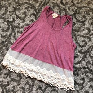 Pink racerback tank with cream layered sheer trim